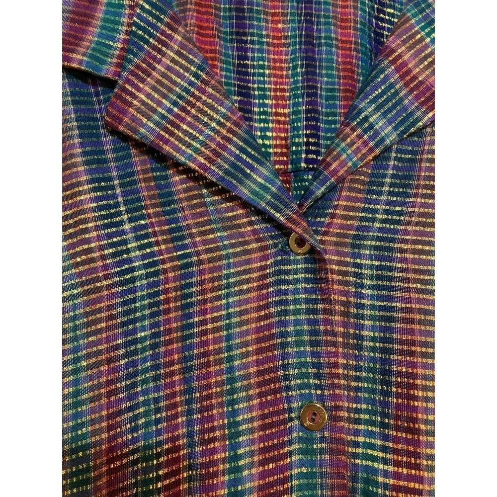 Handmade Button Down Shirt Women‎ Sz L Multi-Color Metallic Lurex Plaid Tunic - Picture 5 of 13
